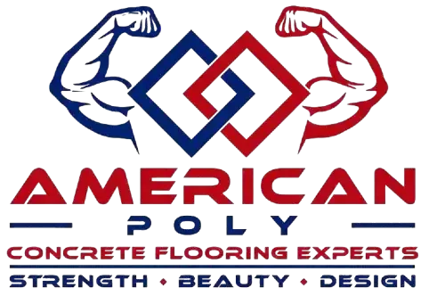 Logo for "American Poly Concrete Flooring Experts" featuring stylized red and blue muscular arms, interlocking shapes, and "Strength • Beauty • Design"—serving New Haven, Middlesex & New London County and epoxy flooring Hartford.