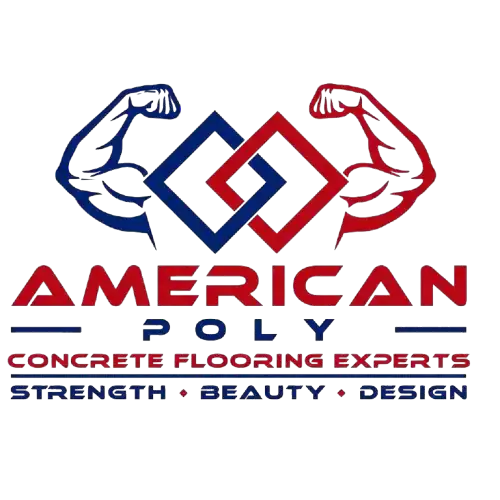 Logo for "American Poly Concrete Flooring Experts" featuring stylized red and blue muscular arms, interlocking shapes, and "Strength • Beauty • Design"—serving New Haven, Middlesex & New London County and epoxy flooring Hartford.