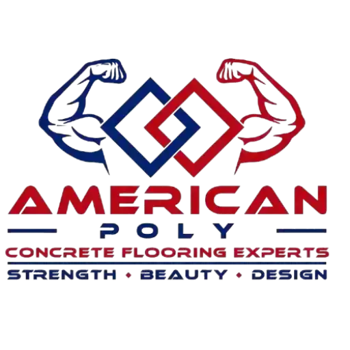 Logo for "American Poly Concrete Flooring Experts" featuring two interlocked geometric shapes with flexed muscular arms above, and the words "Strength &bull; Beauty &bull; Design" below in red and blue.