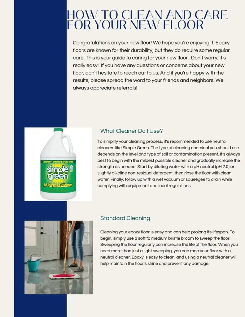 A woman mops a clean living room floor near a beige couch, following cleaning instructions displayed on the page. A bottle of Simple Green All-Purpose Cleaner sits nearby, ideal for maintaining epoxy flooring in Hartford or New Haven, CT.