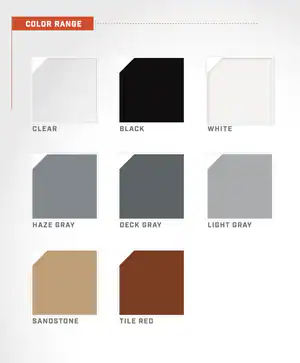 A chart titled "Color Range" displays eight color swatches&mdash;Clear, Black, White, Haze Gray, Deck Gray, Light Gray, Sandstone, and Tile Red&mdash;each with a folded corner. Perfect for epoxy flooring Hartford or design projects in New Haven, CT.