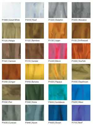 A chart showing 20 rectangular color samples with names, including shades of white, gray, brown, yellow, orange, blue, and green&mdash;ideal for epoxy flooring Hartford projects&mdash;each labeled with a paint code and descriptive name like Great White or Driftwood.