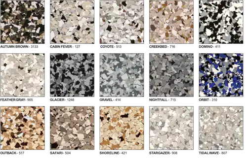 A grid of 15 samples showcases various epoxy flooring Hartford, CT designs. Each square displays unique color mixtures&mdash;black, white, gray, tan, beige, brown&mdash;and one striking blend with blue and white chips. Perfect for New Haven style floors.