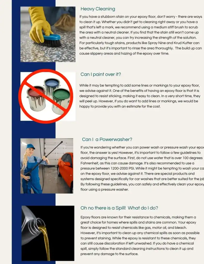 A page with four blocks of information about epoxy floor cleaning in CT. Each block has a photo: gloves scrubbing a floor, a paint roller with a red X, a power washer spraying, and a vacuum cleaning—perfect for New Haven or epoxy flooring Hartford projects.