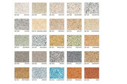 A grid of 25 countertop samples, each labeled with a name and code, displays a variety of colors and speckled patterns popular in CT, Middlesex & New London County, and New Haven&mdash;from neutrals and browns to greens, grays, and red.