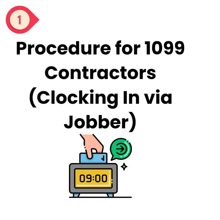 A hand presses a button on a clock showing 09:00 in New Haven. Text above reads: "Procedure for 1099 Contractors (Clocking In via Jobber)." A red icon with "1" is in the top left corner—perfect for epoxy flooring Hartford, CT teams.