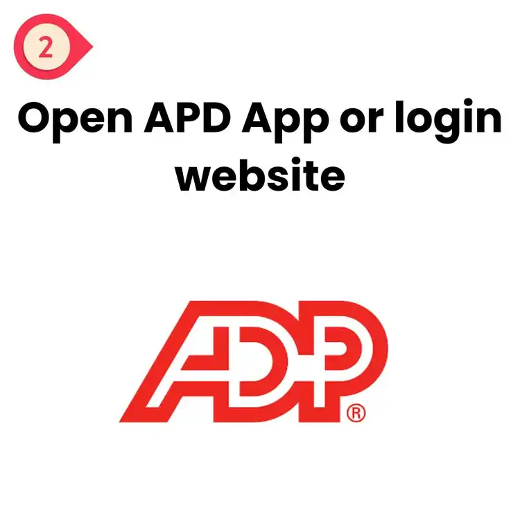 A red number 2 inside a droplet shape, black text reads "Open APD App or login website," and a large red ADP logo is displayed below—perfect guidance for those seeking professional epoxy flooring in East Hartford, CT.
