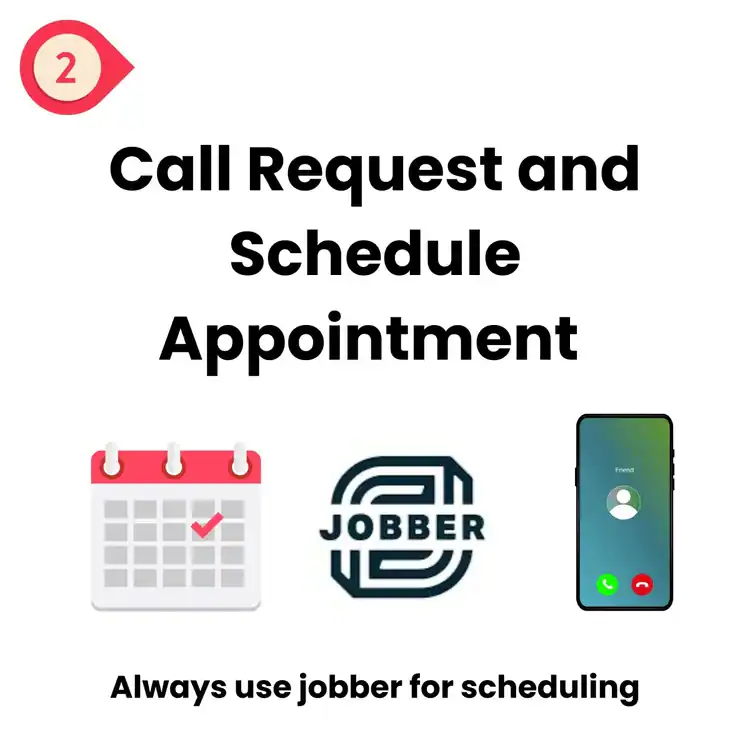 A graphic showing a red "2" marker, the text "Call Request and Schedule Appointment," icons of a calendar, the Jobber logo, and a phone call screen—reminding Professional epoxy flooring East Hartford, CT providers to always use Jobber for scheduling.