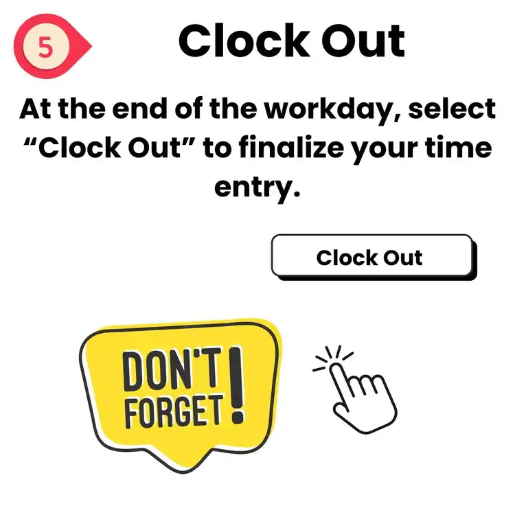 Instructions for clocking out, with a "Clock Out" button, a hand clicking icon, and a yellow "Don't Forget!" sign. Perfect for teams in professional epoxy flooring East Hartford, CT—always remember to select “Clock Out” at the end of your workday!.