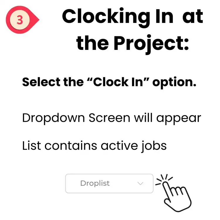Instruction graphic titled "Clocking In at the Project" guides epoxy flooring Hartford and New Haven, CT teams to select “Clock In.” A dropdown menu labeled “Droplist” is shown, with a cursor hand pointing to it.