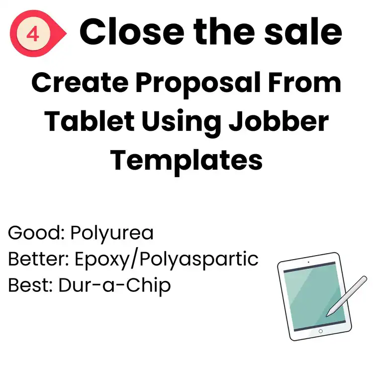 Close the sale. Create a proposal from your tablet using Jobber templates in New Haven, CT, Middlesex & New London County. Product options: Good—Polyurea, Better—Epoxy/Polyaspartic, Best—Dur-a-Chip. Tablet illustration shown.