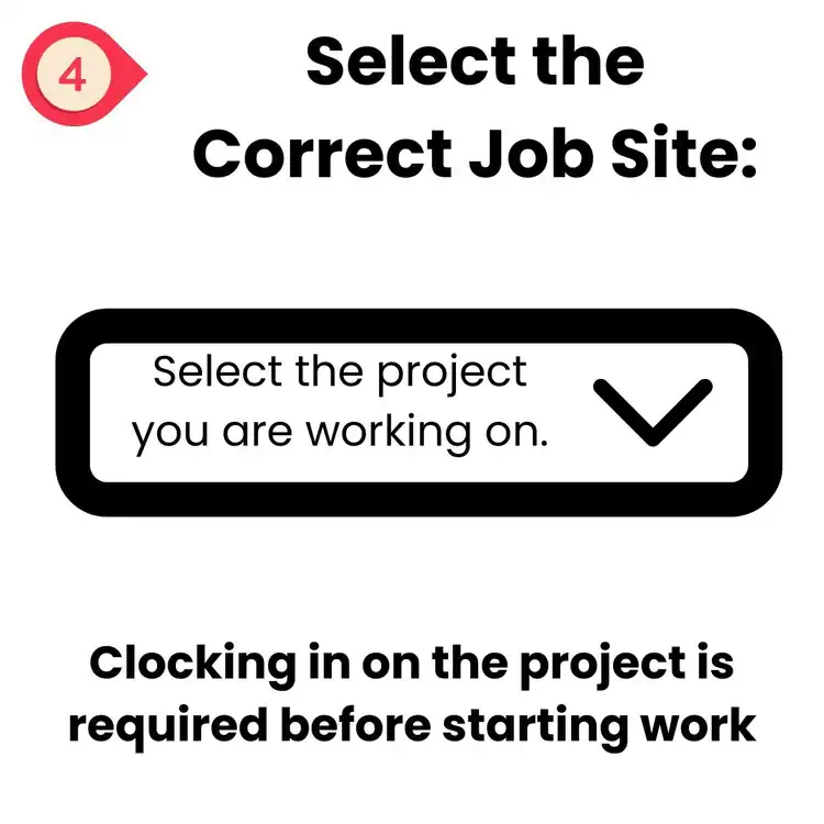 Step 4: Select the correct job site. Use the dropdown labeled "Select the project you are working on," such as epoxy flooring Hartford, CT, Middlesex & New London County. Clock in on your project before beginning work.