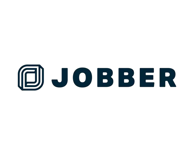 The image shows the Jobber logo, featuring a geometric, rounded square icon followed by the word "JOBBER" in bold, dark letters on a black background, representing service providers in Middlesex & New London County and New Haven, CT.