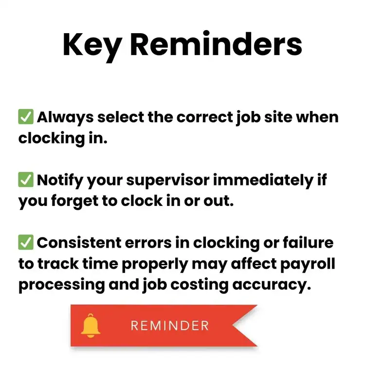 An infographic titled "Key Reminders" lists three workplace timekeeping tips with green checkmarks and a red "Reminder" banner, featuring a bell icon—perfect for epoxy flooring Hartford or New Haven businesses in Middlesex & New London County.