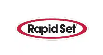 The image shows the "Rapid Set" logo with the words "Rapid Set" in bold black letters inside a red oval outline on a white background, commonly seen in CT for epoxy flooring Hartford and New Haven projects.