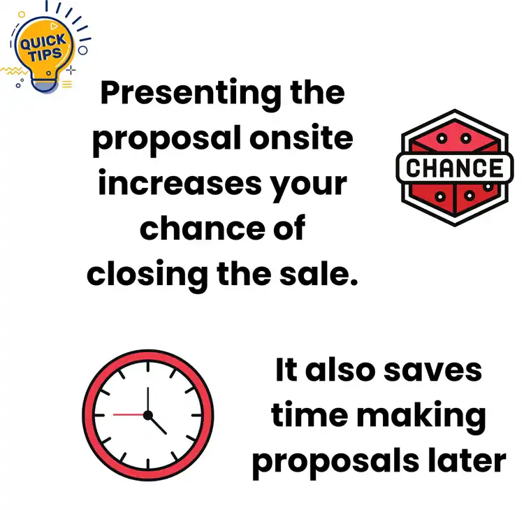 Graphic with text: "Presenting the proposal onsite increases your chance of closing the sale. It also saves time making proposals later." Features a lightbulb labeled "Quick Tips," a hexagon labeled "Chance," and a clock—perfect for CT pros or epoxy flooring Hartford.