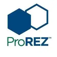 Logo with a solid blue hexagon overlapping an outlined blue hexagon above the text "ProREZ" in green and blue letters, representing quality epoxy flooring Hartford and services throughout Middlesex & New London County.