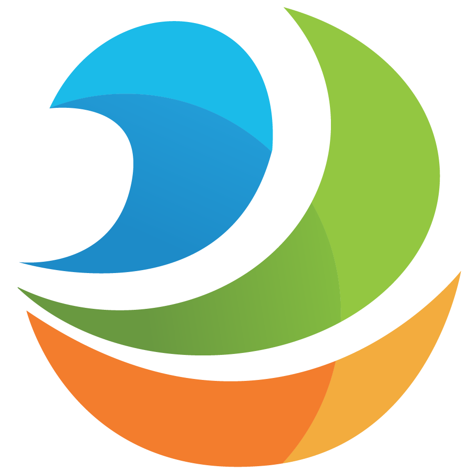 A circular abstract logo featuring a blue wave-like shape, a green curved segment, and an orange arc, all interlocking to form a dynamic, modern design on a white background.