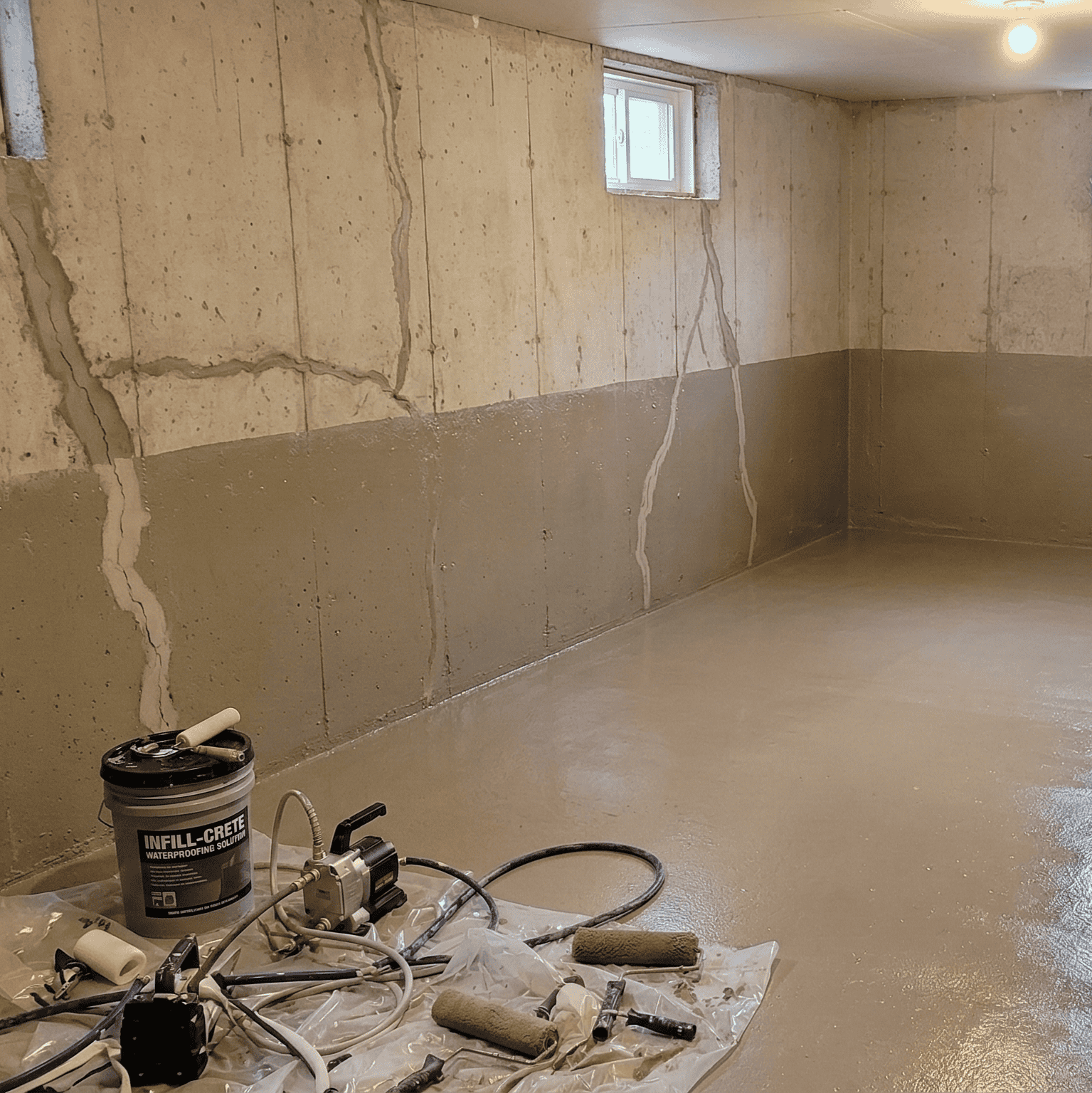 A basement with concrete walls and floor, recently sealed and coated. Paint rollers, a bucket labeled "INFIL-CRETE," and other painting tools are on a plastic sheet in the foreground. Walls show repaired cracks.
