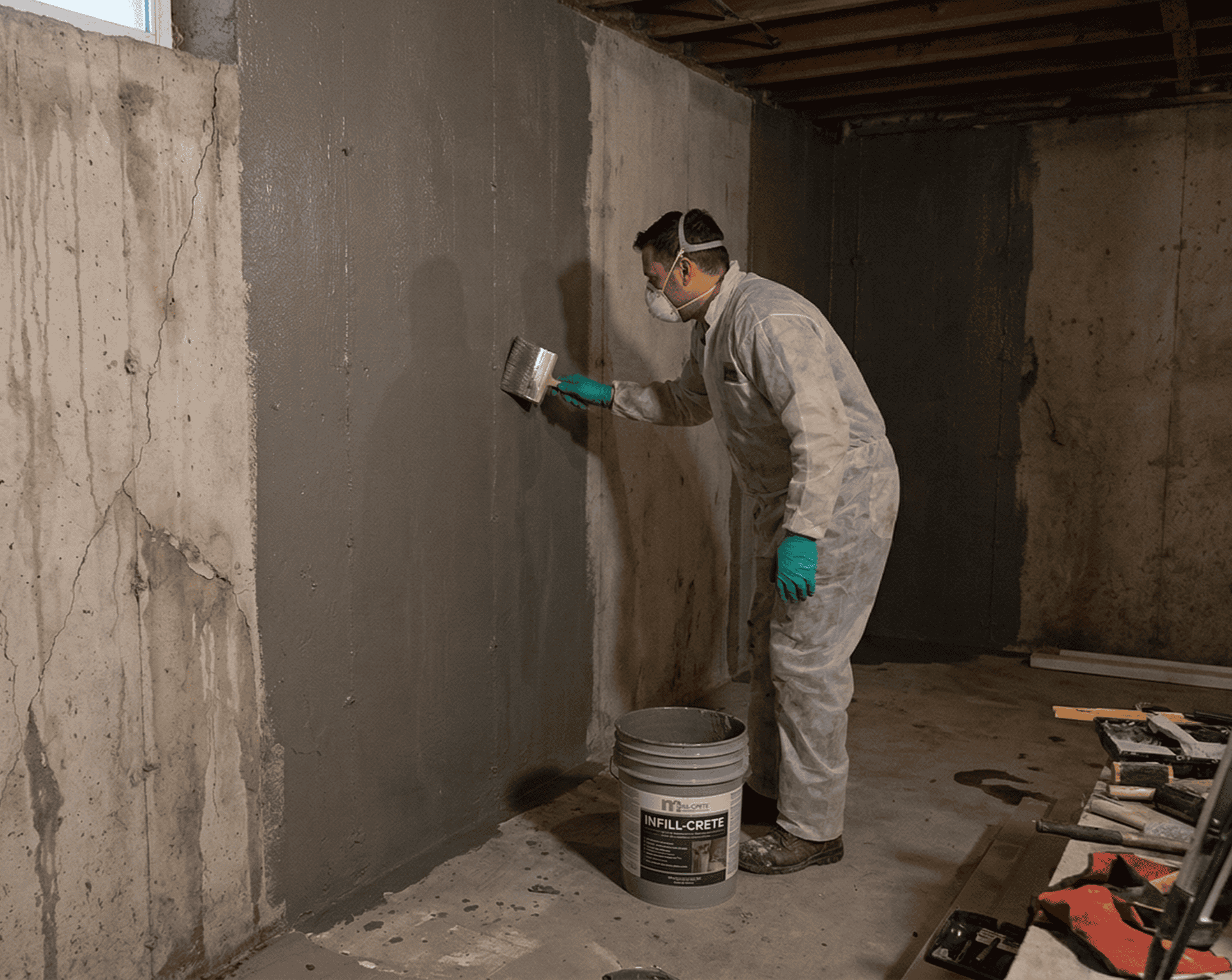 A person in protective gear applies a sealant to a basement wall with a brush. Nearby are tools and a bucket labeled "INFILCRETE." The basement has concrete walls, some showing cracks and unpainted sections.