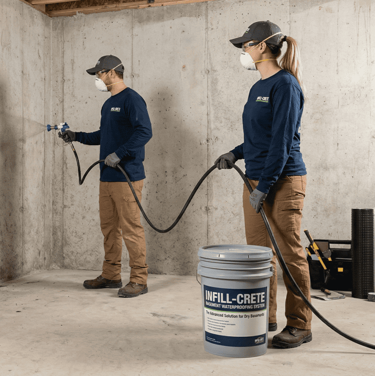 Two people wearing protective masks, gloves, and work uniforms use spray equipment to apply material to a basement wall. A large bucket labeled "INFILL-CRETE" sits on the floor in front of them.