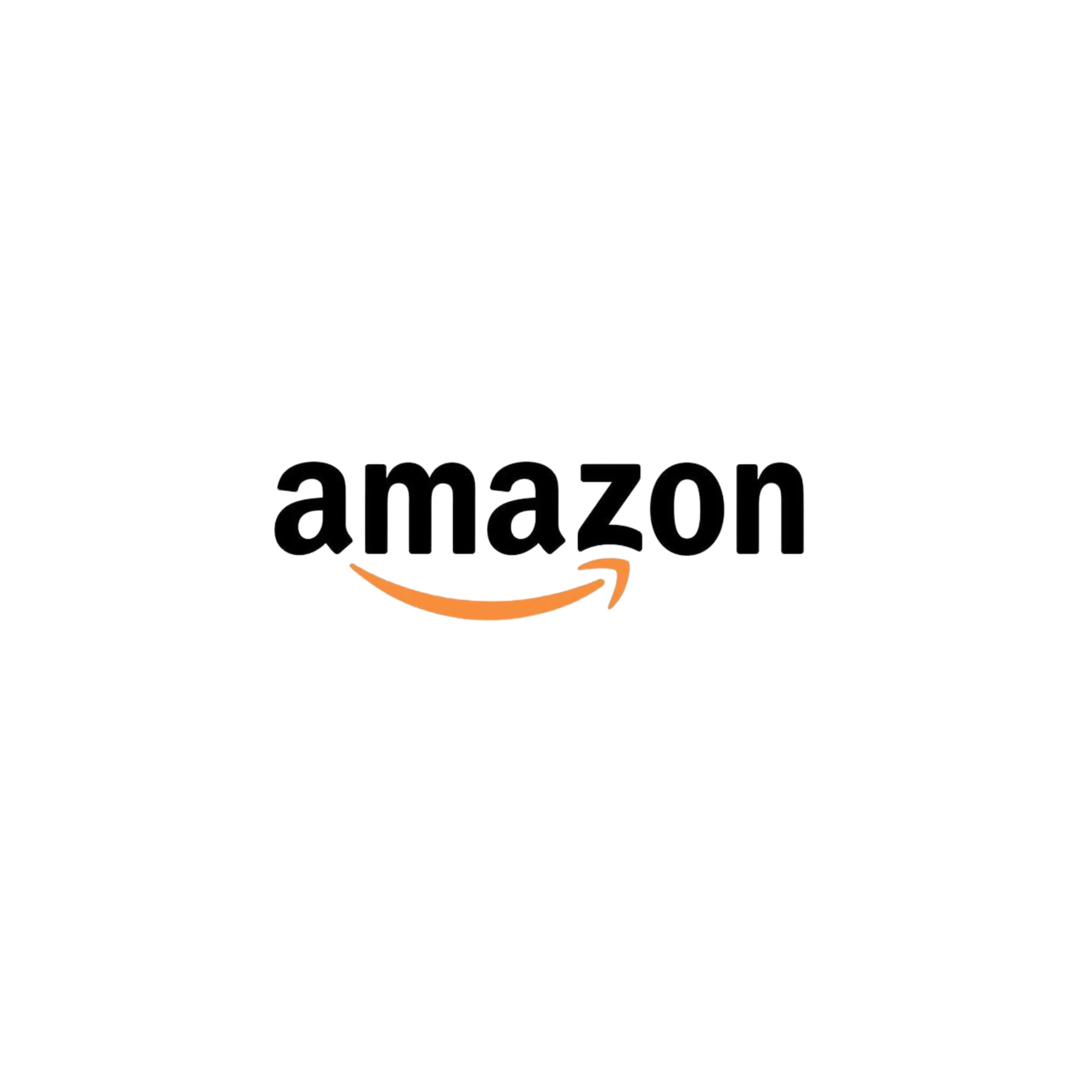 The Amazon logo features the word "amazon" in black lowercase letters with an orange arrow curving from the letter "a" to "z" underneath, resembling a smile. The background is white.