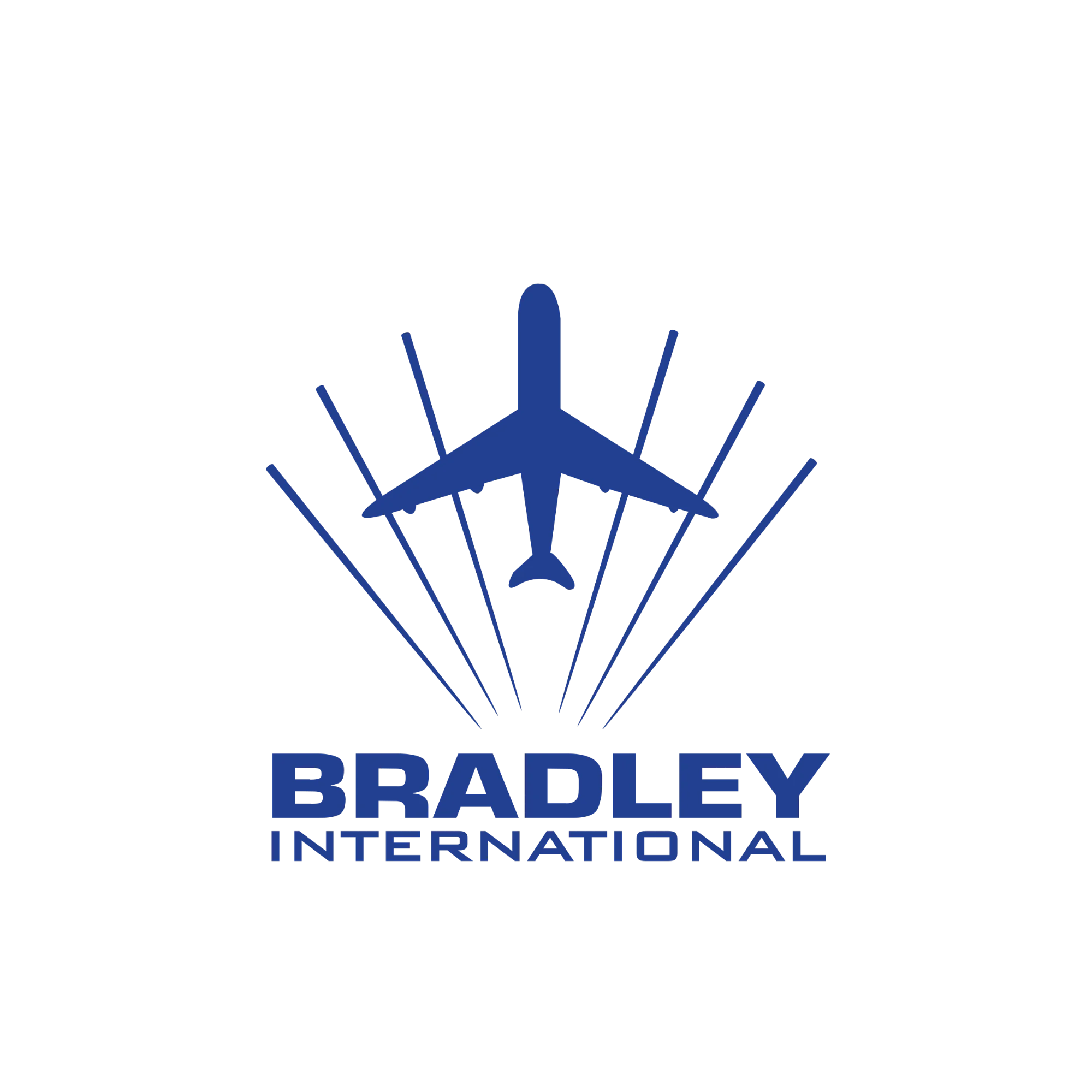 A blue airplane icon above radiating lines with the text "BRADLEY INTERNATIONAL" written in bold blue letters below.