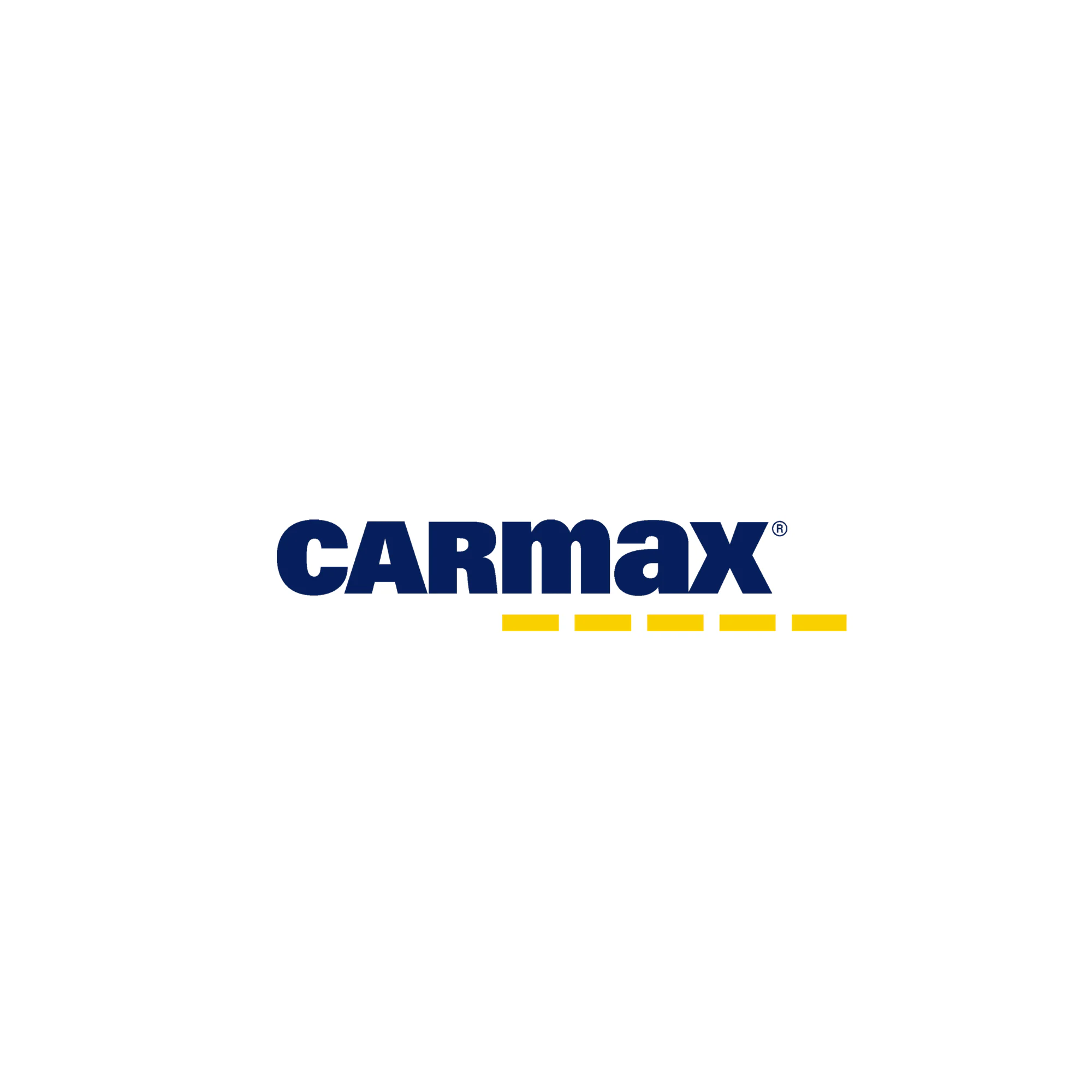 The image features the CarMax logo with "CARMAX" in bold blue letters above six horizontal yellow lines, all on a white background.