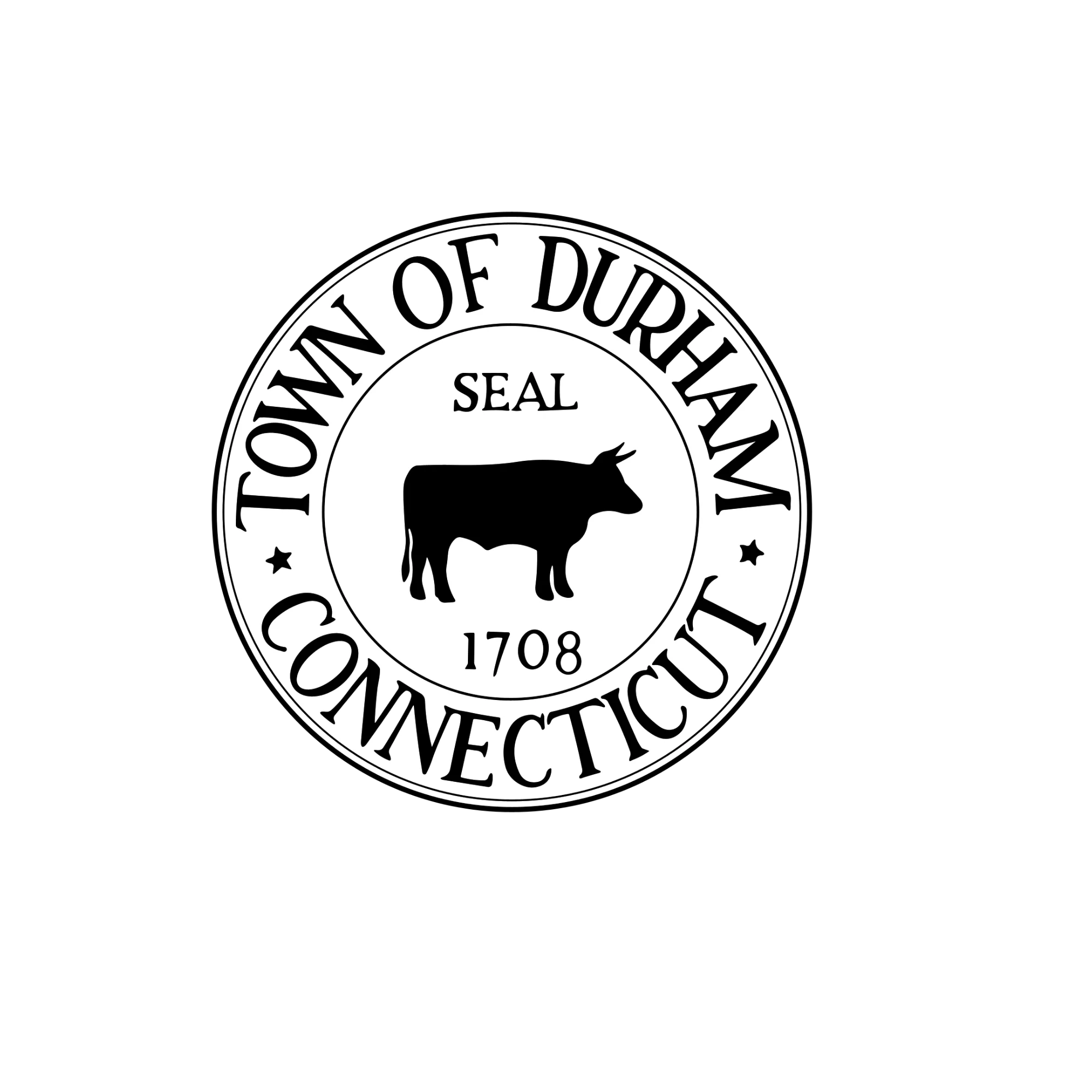 The official seal of the Town of Durham, Connecticut, featuring a black silhouette of a cow, the word "SEAL," and the year "1708," surrounded by the town's name in a circular design.