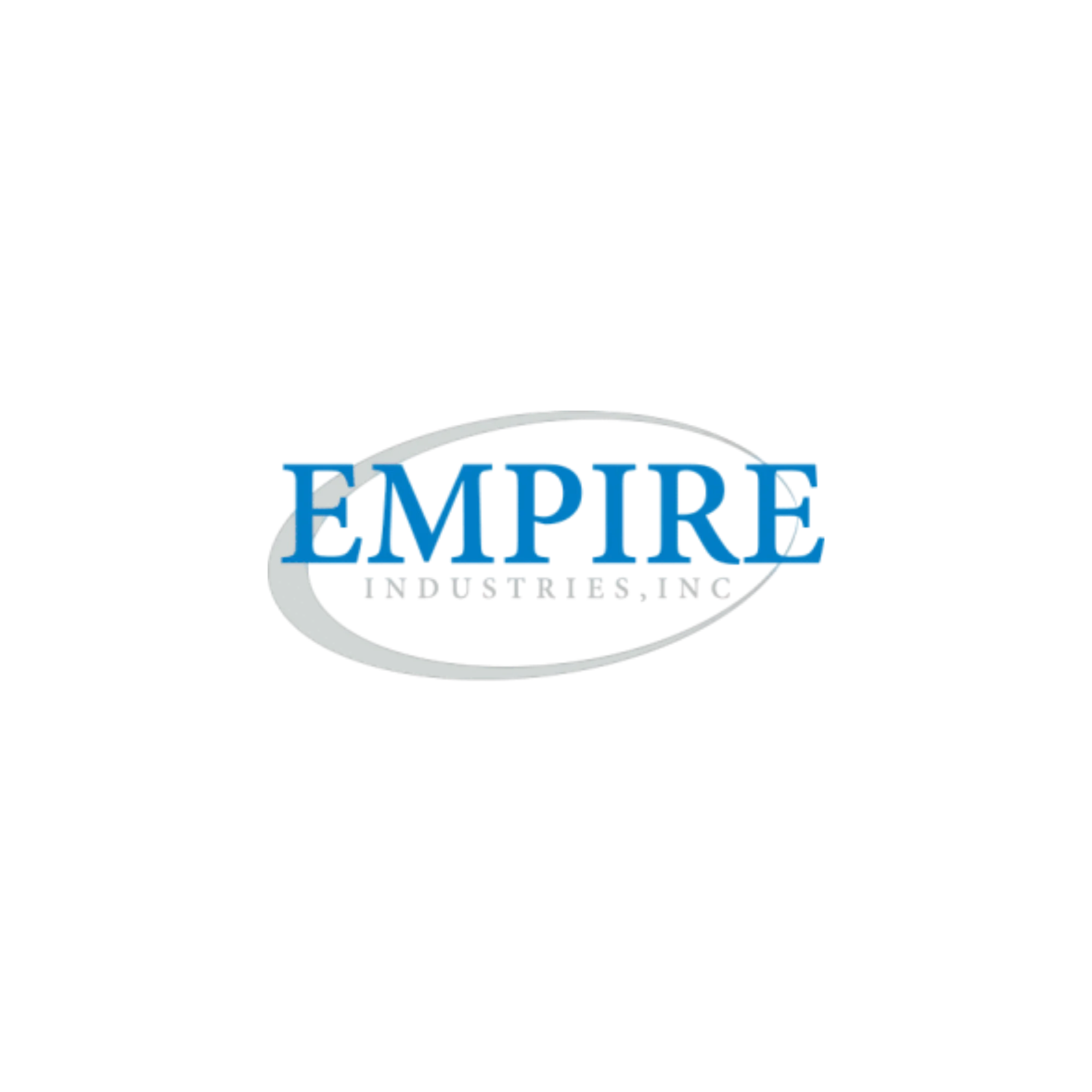 Logo with the word "EMPIRE" in large blue letters, featuring a gray swoosh circling behind the text. Smaller gray text below reads "INDUSTRIES, INC." The background is black.