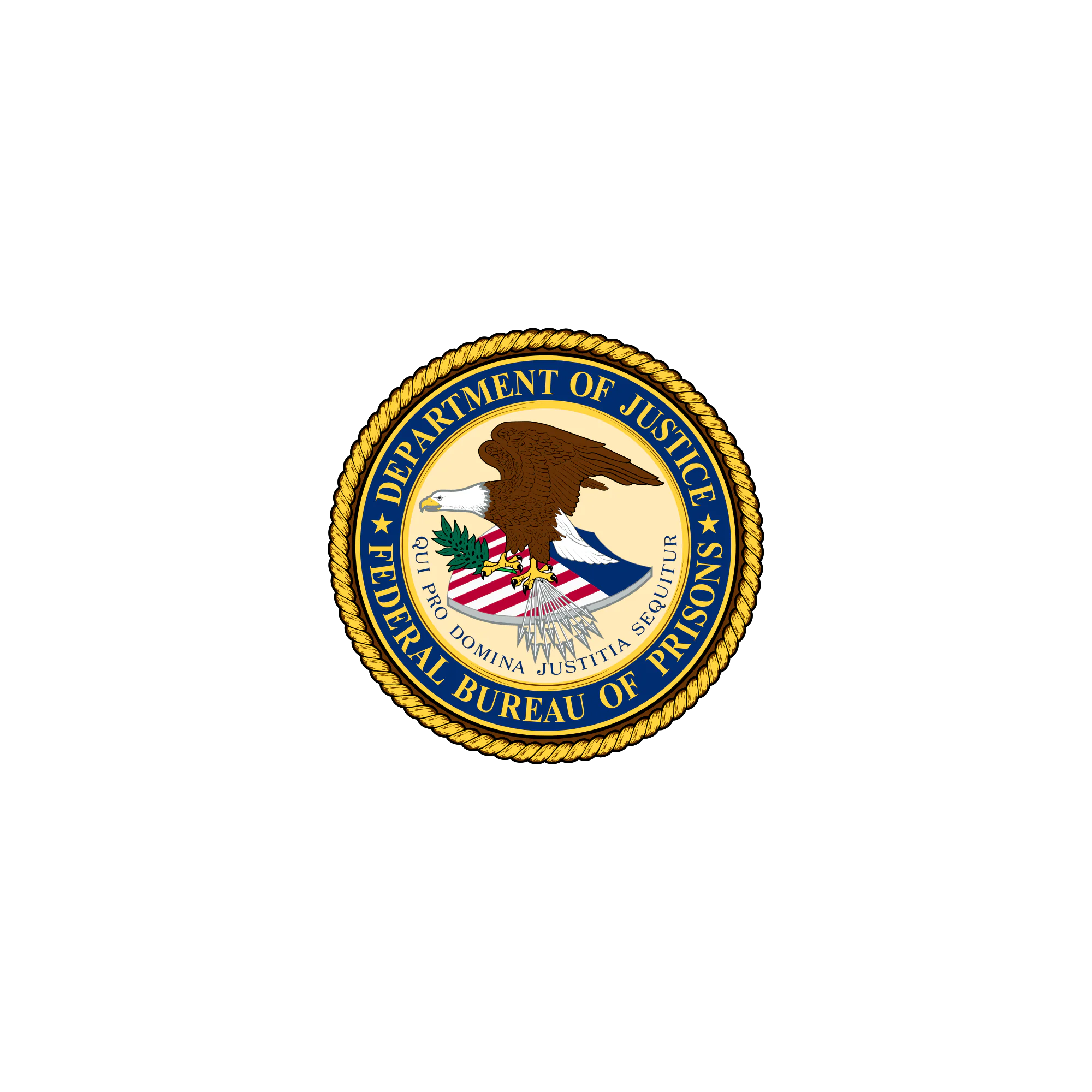 The seal of the Federal Bureau of Prisons features a bald eagle holding a U.S. flag shield, olive branch, and arrows, with the words "Department of Justice Federal Bureau of Prisons" encircling it.