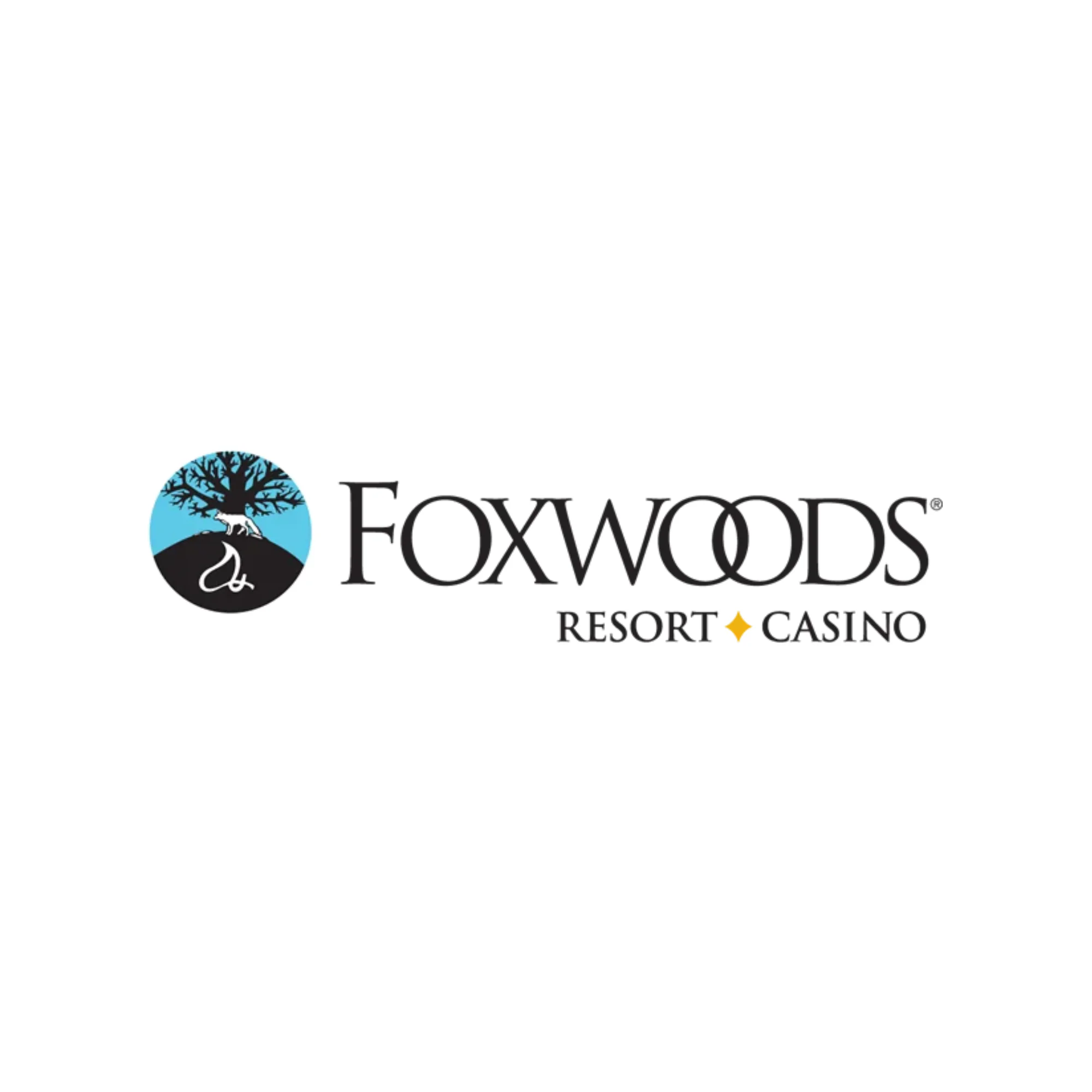 Foxwoods Resort Casino logo featuring a stylized tree and fox in a blue circle, with “Foxwoods” in large text and “Resort Casino” in smaller text below, separated by a yellow diamond.