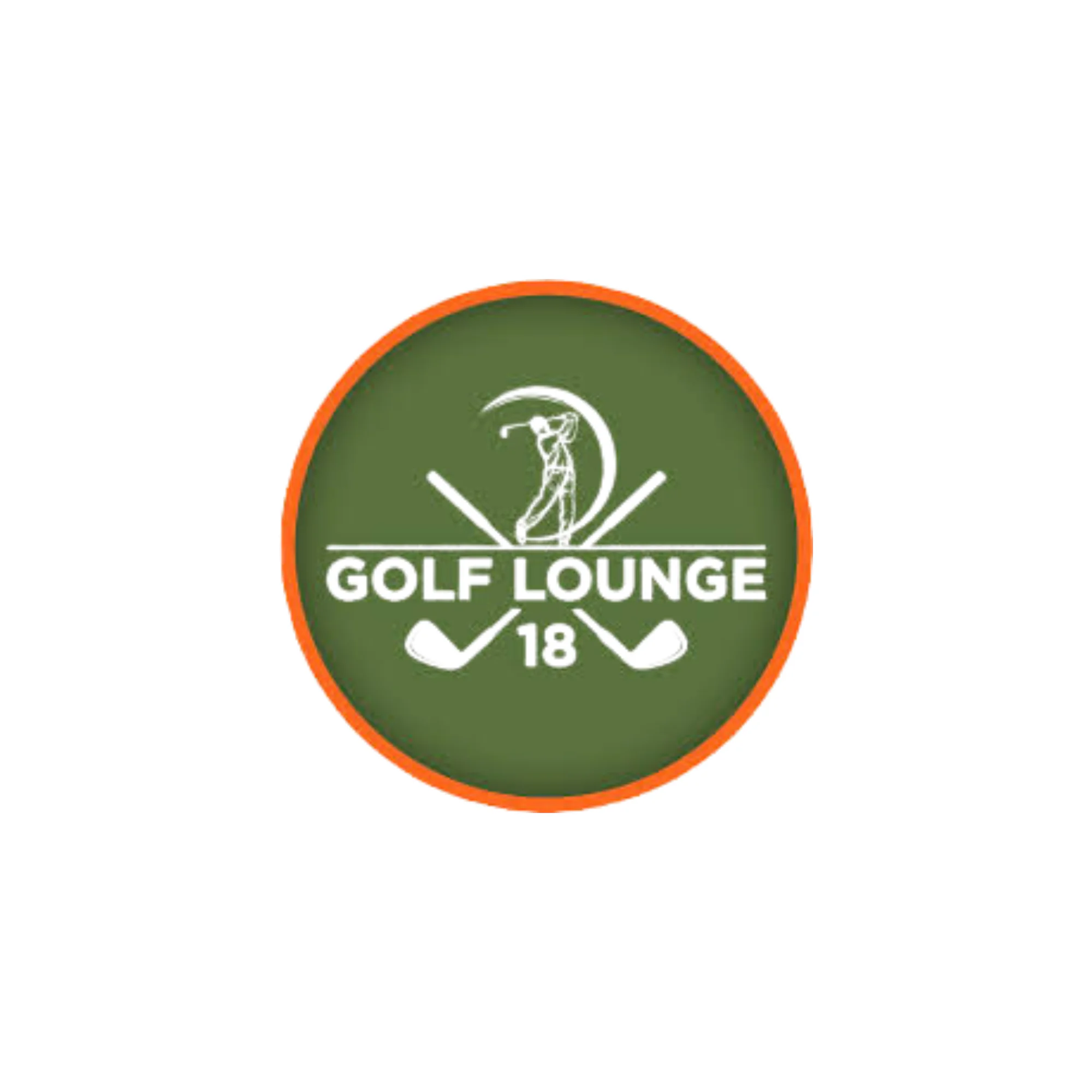 A circular green logo with an orange border features a golfer swinging, two crossed golf clubs, and the text "GOLF LOUNGE 18" in white.