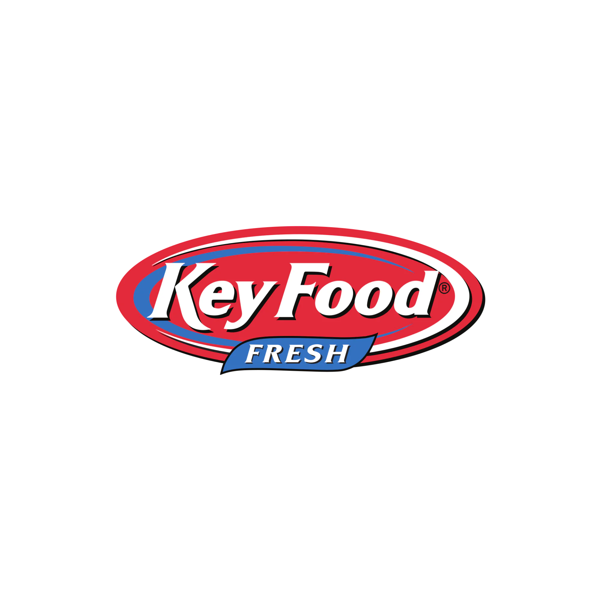 Key Food Fresh logo featuring “Key Food” in white text on a red oval background, with “FRESH” in white on a blue banner below, all set against a black background.