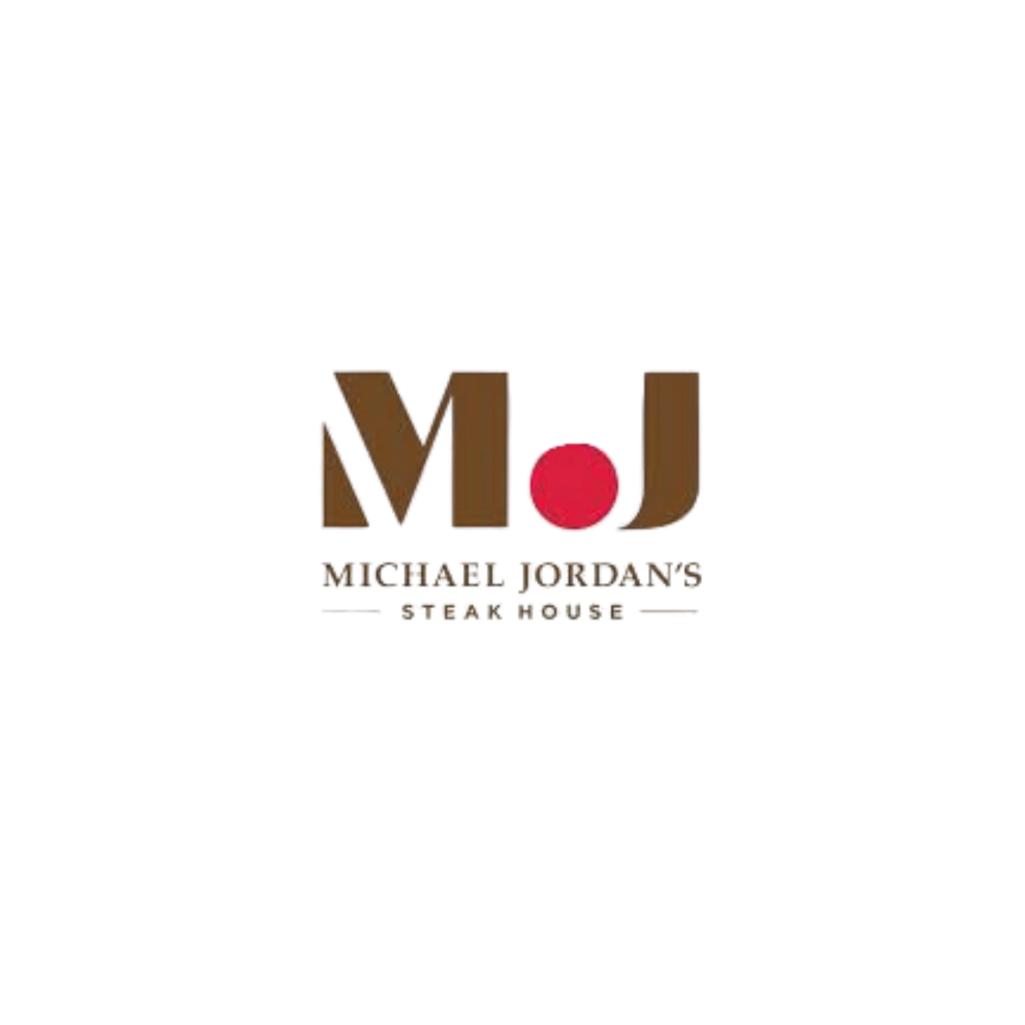 Logo for Michael Jordan’s Steak House. The letters "M" and "J" are large and brown, with a red dot between them. Below, the text reads "Michael Jordan's Steak House" in uppercase letters.