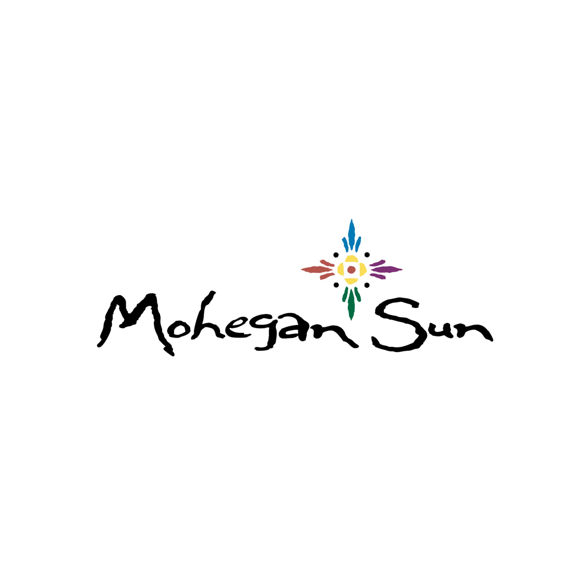 Mohegan Sun logo with stylized black text and a colorful sunburst symbol above and to the right, featuring blue, purple, red, yellow, and green rays on a white background.