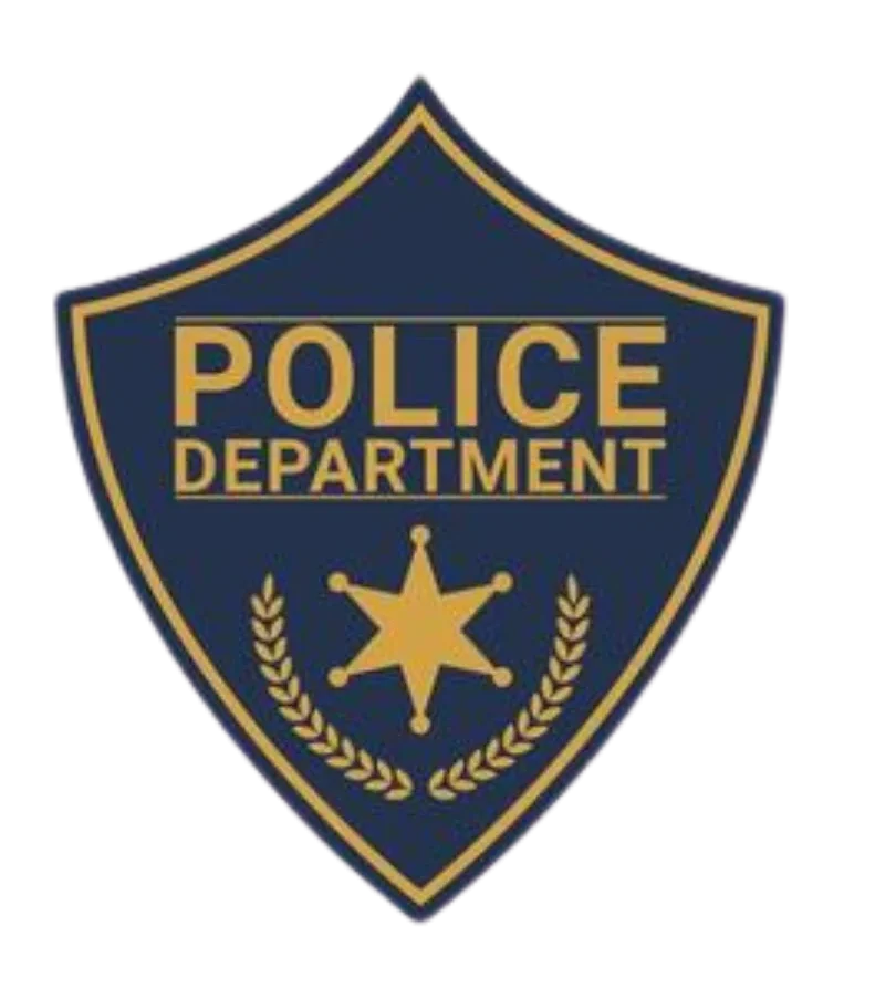 A blue and gold police badge with a star in the center, "POLICE DEPARTMENT" text above, and laurel branches on each side, set against a black background.