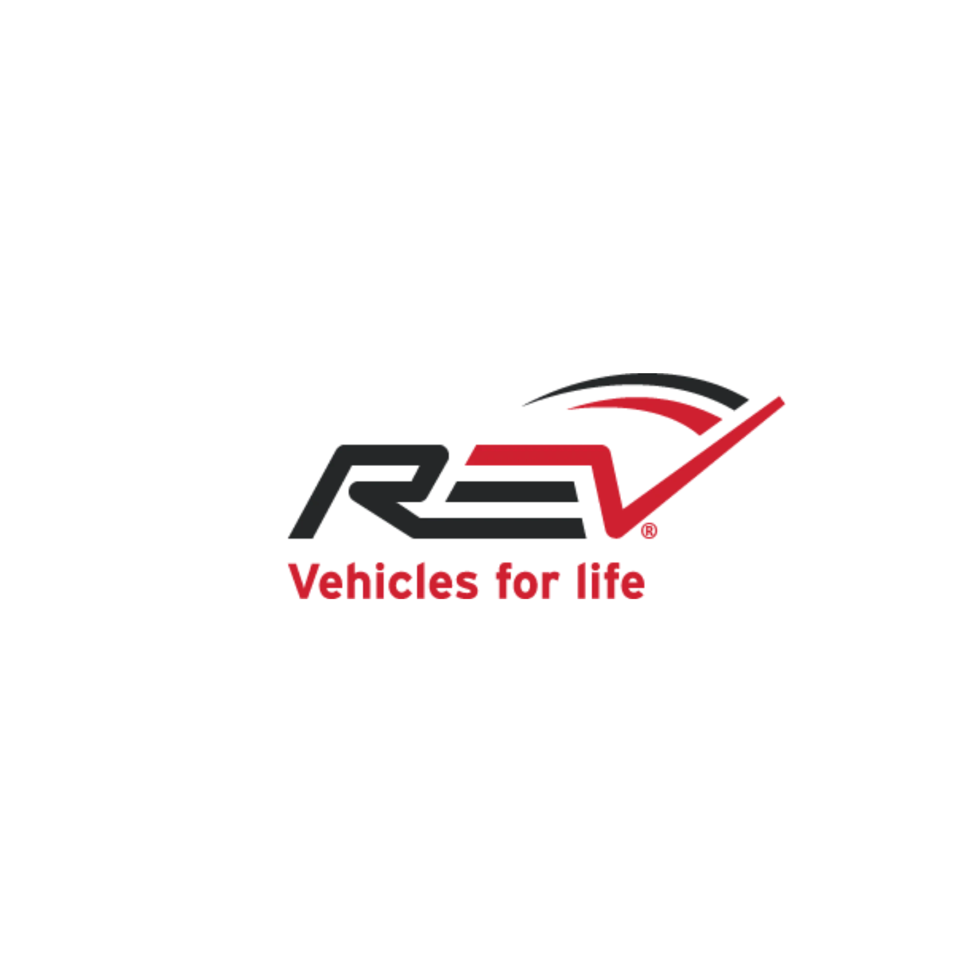 Logo with the letters "REV" in black and red, featuring a stylized check mark and speedometer above the "V," and the tagline "Vehicles for life" in red below the letters.