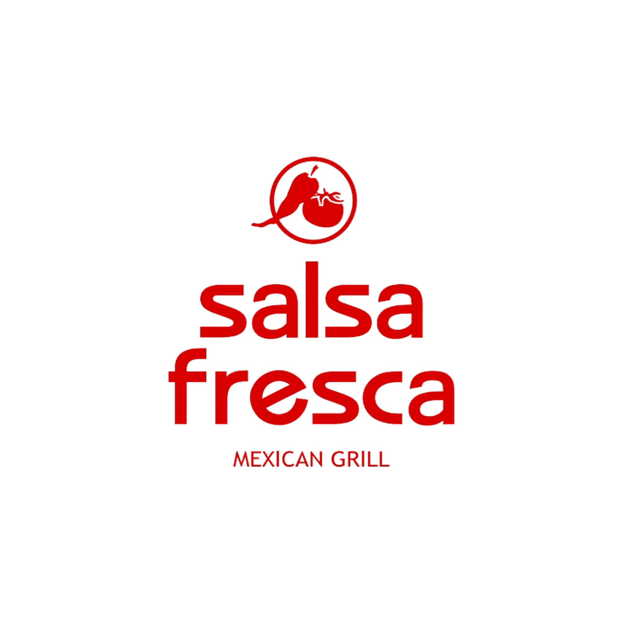 Red logo for "Salsa Fresca Mexican Grill" with a stylized chili pepper and tomato above the text, set against a transparent background.