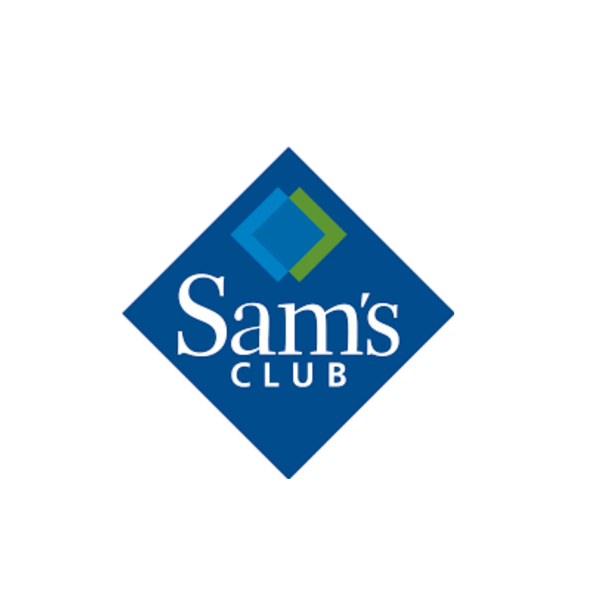 Sam's Club logo featuring "Sam's CLUB" in white text on a blue diamond shape, with overlapping blue and green diamond outlines above the text.