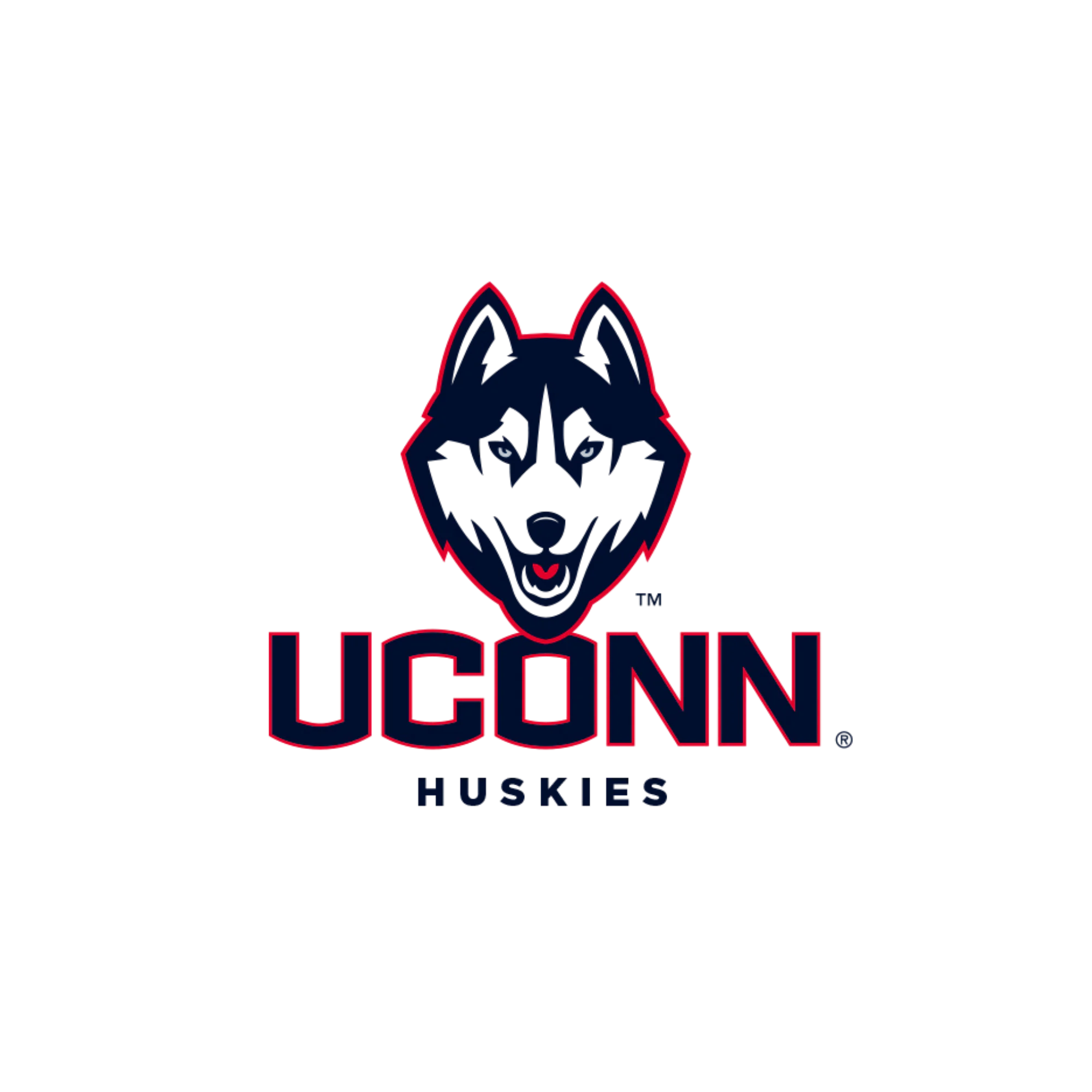 The UConn Huskies logo featuring a stylized husky dog head above the word "UCONN" in bold red-trimmed blue letters, with "HUSKIES" in smaller letters below.