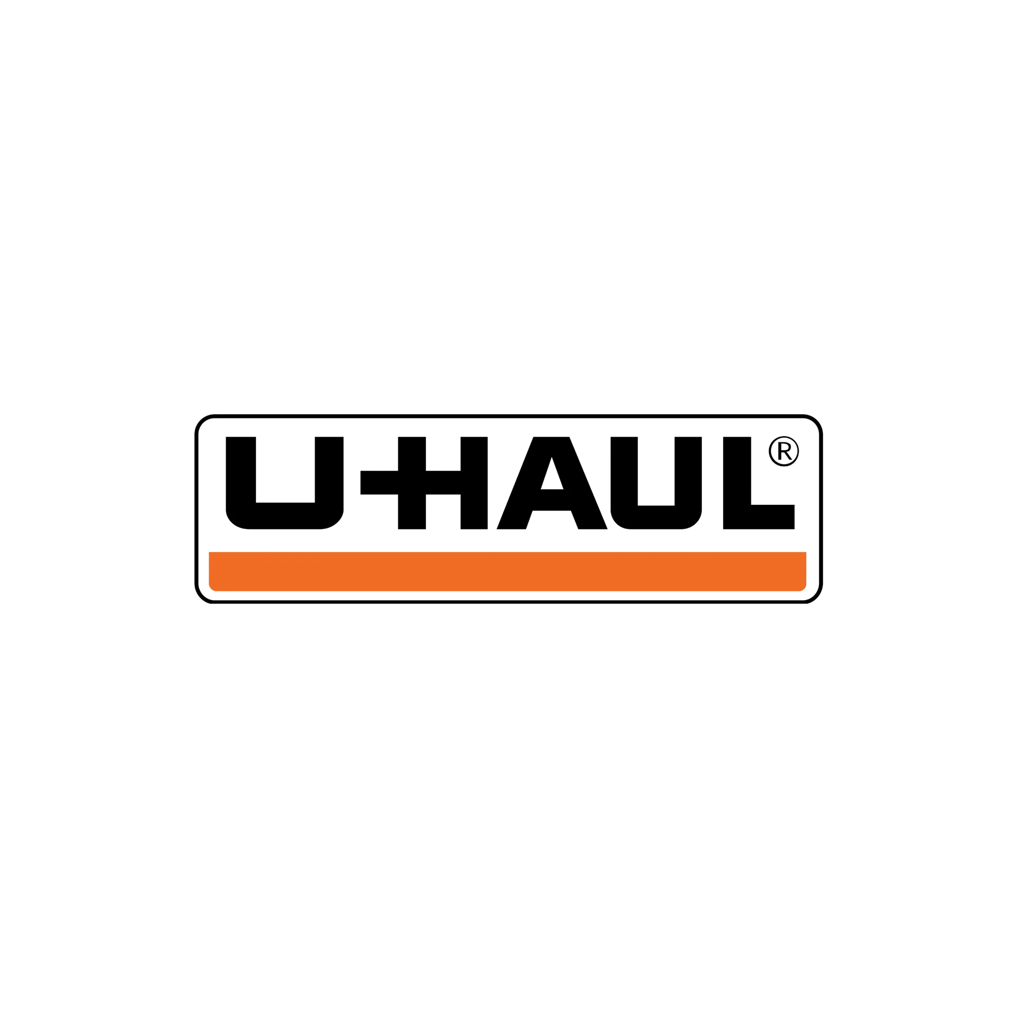 The image shows the U-Haul logo featuring the word "U-HAUL" in bold, black letters outlined with a rectangular border, above a thick orange horizontal line on a white background.
