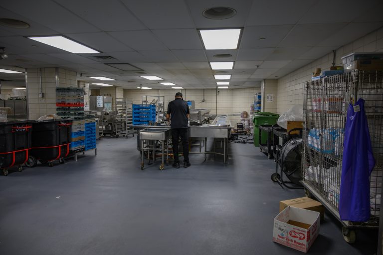 A worker stands at a stainless steel station in a commercial kitchen with carts and cleaning supplies.
